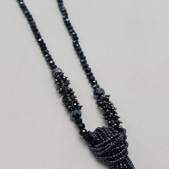 Black Blue Beaded Tassel Necklace With Sparkling Crystal Accents Vintage - Picture 6 of 8